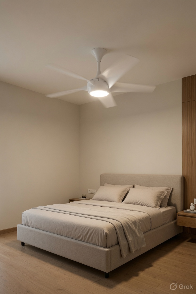 A softly lit bedroom with a white ceiling fan
