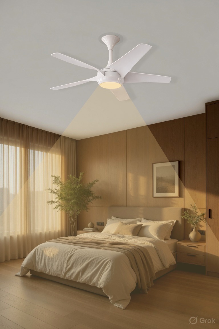 A bedroom with the integrated fan light illuminated