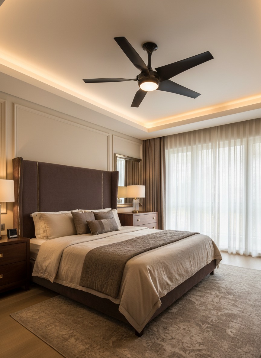 A dark five-blade ceiling fan in a bedroom