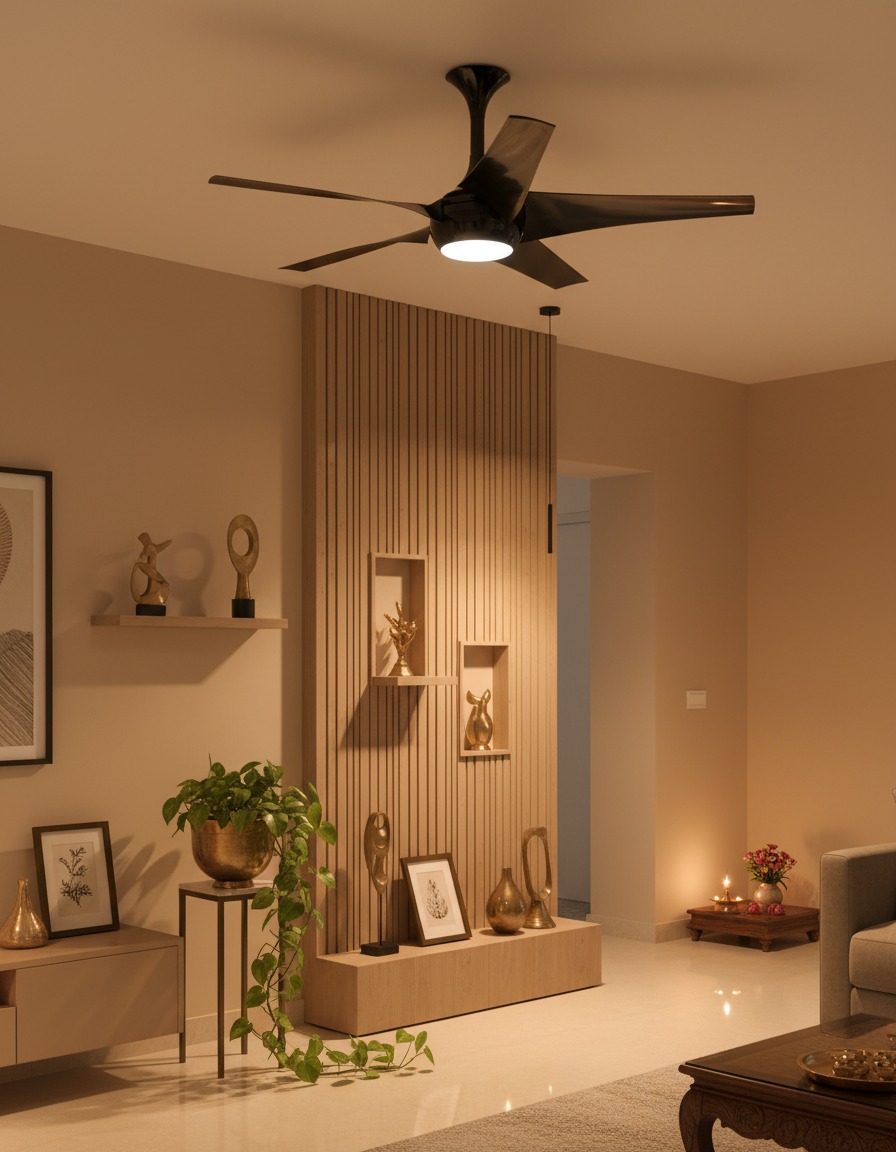 An interior with an integrated ceiling fan and light