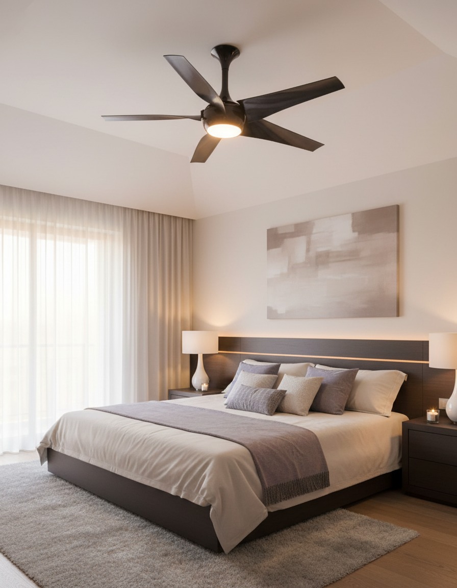 A bedroom with a dark ceiling fan