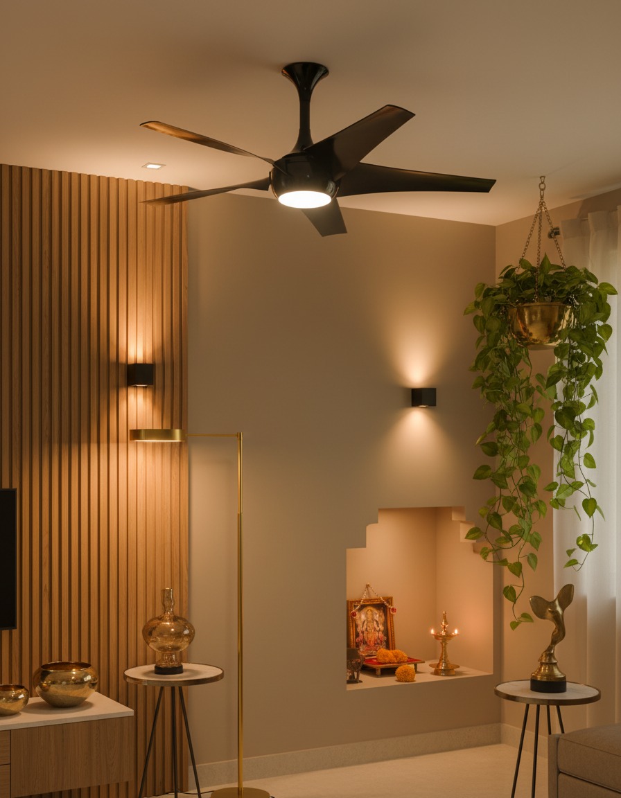 A warm interior with a dark ceiling fan