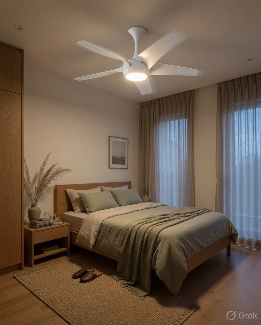 A quiet bedroom settling into sleep