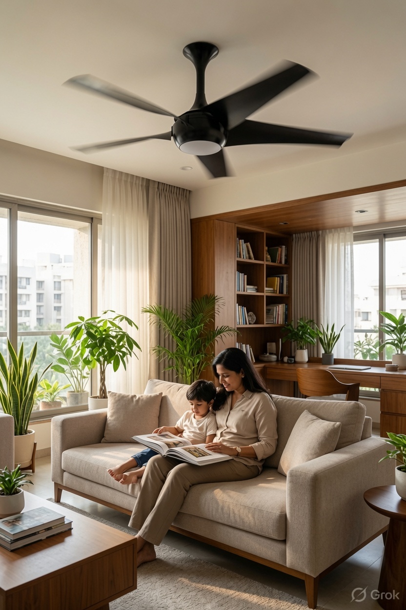 A parent reading in a bright living and study space